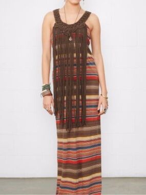 Ralph Lauren Boho Denim & Supply Crochet Halter Fringe Striped Maxi Dress